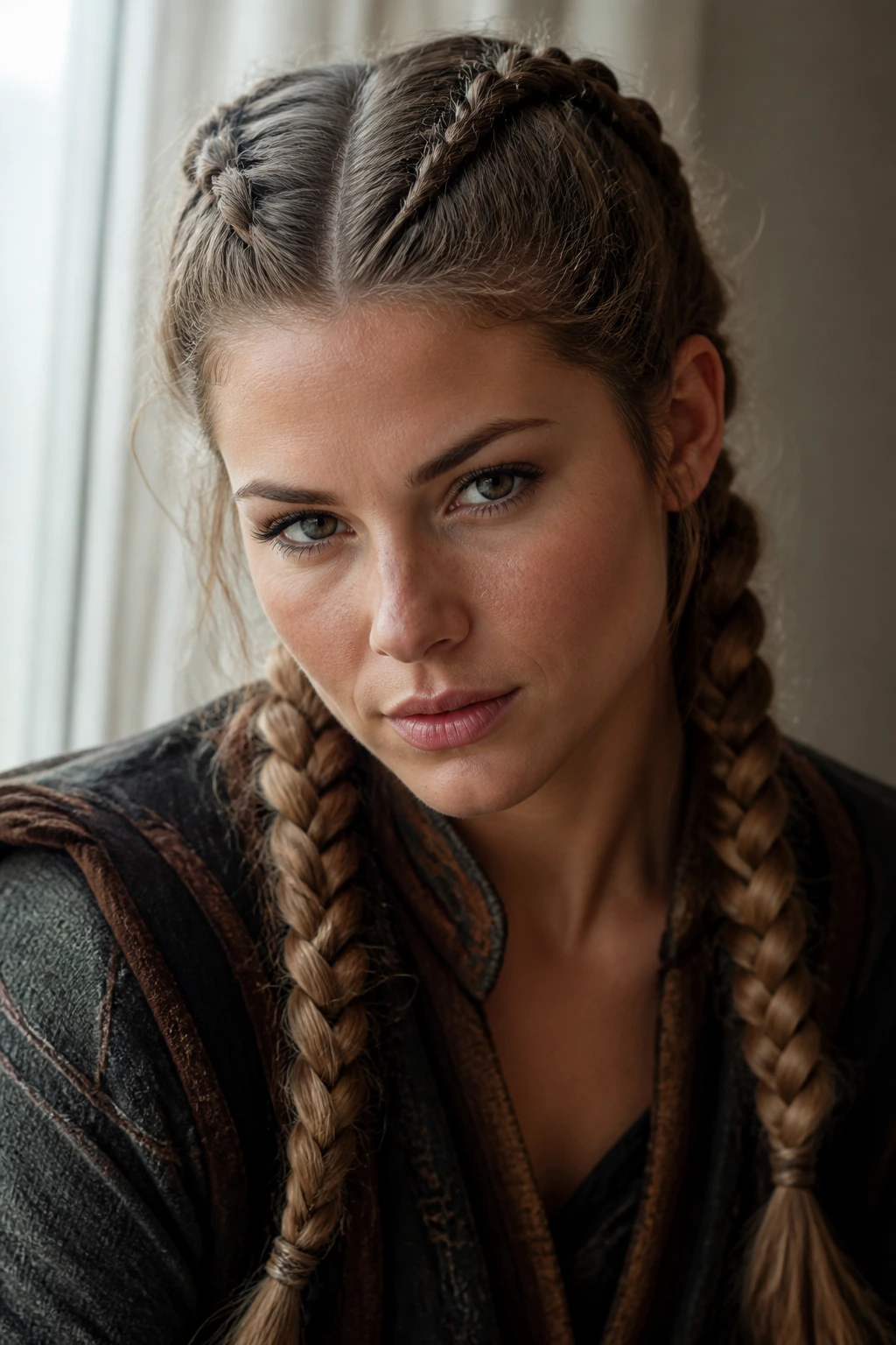 Portrait of a woman with twin Dutch warrior braids framing her face