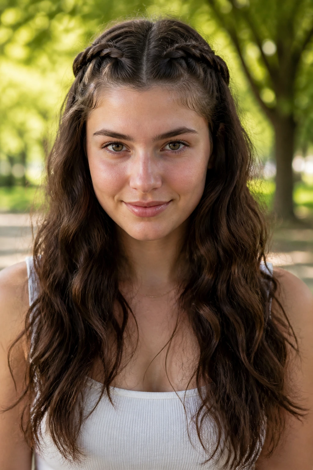 Front-facing portrait of a real woman with twin Dutch braids and loose waves