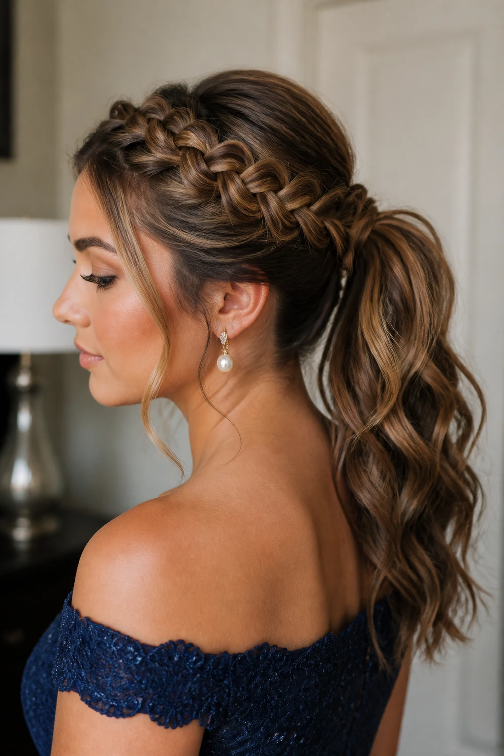 Close-up of Dutch crown braid ponytail prom hairstyle on a real woman