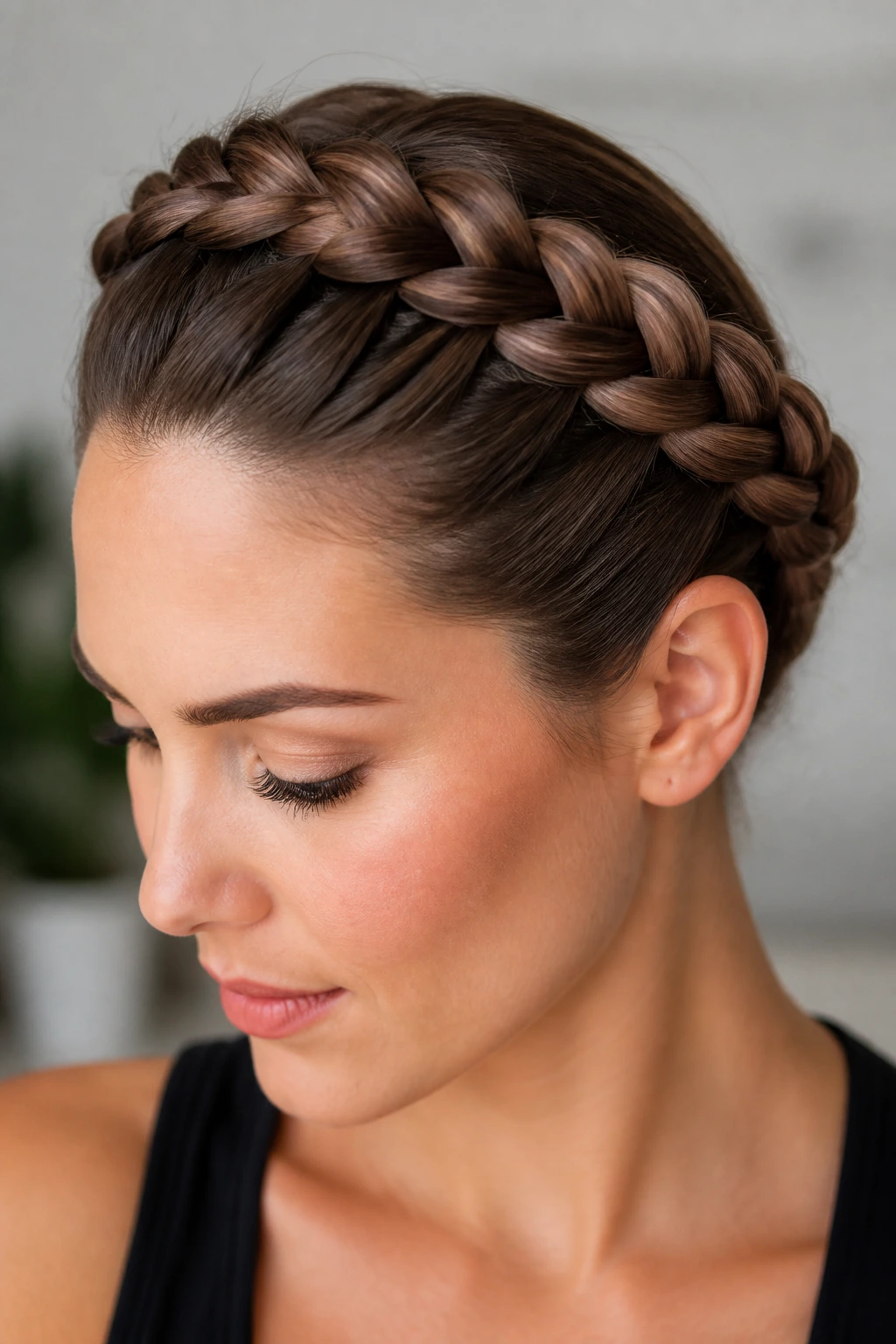 Close-up of a real woman with a sleek Dutch crown braid.