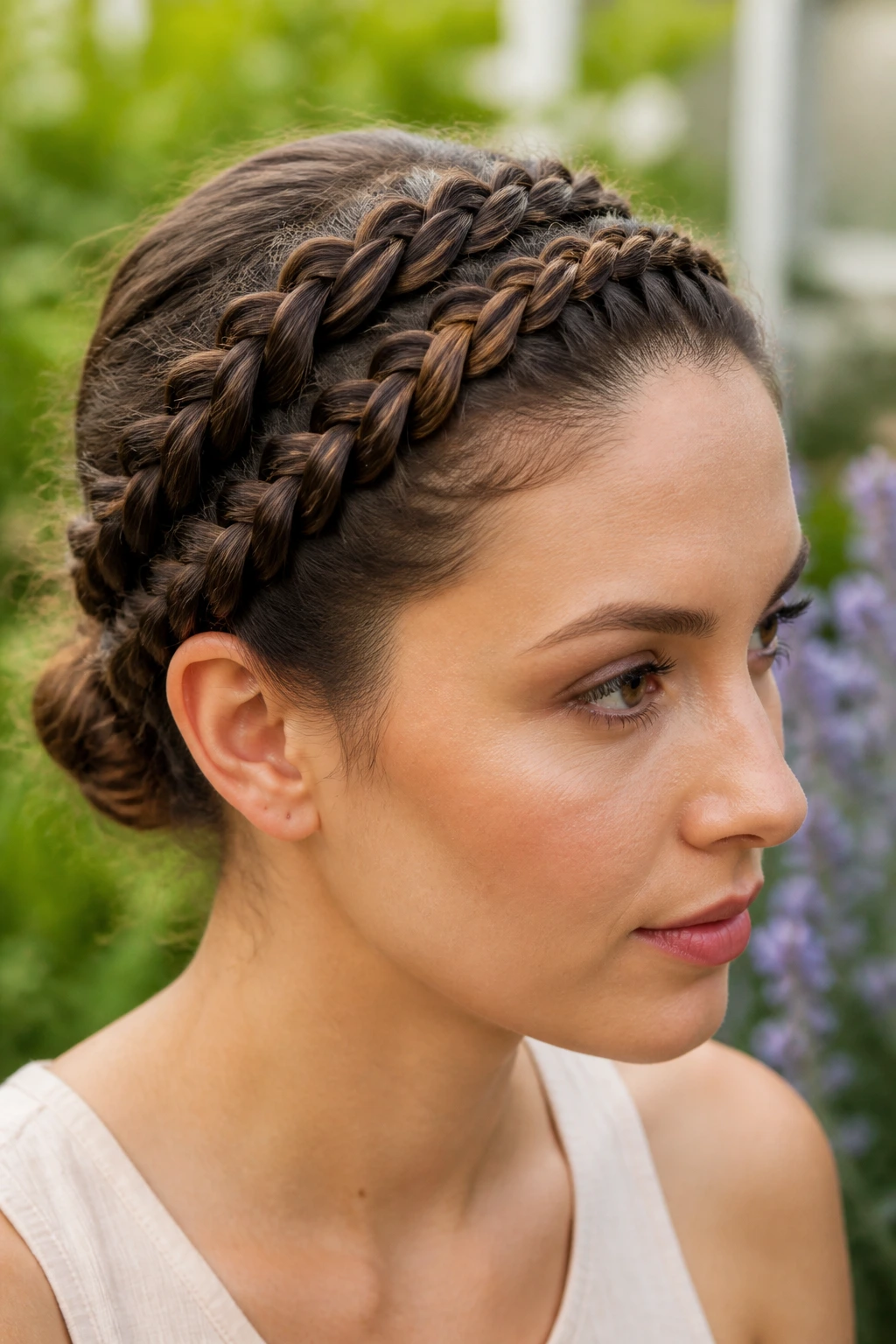 Close-up of a real person with Dutch crown braids along the hairline