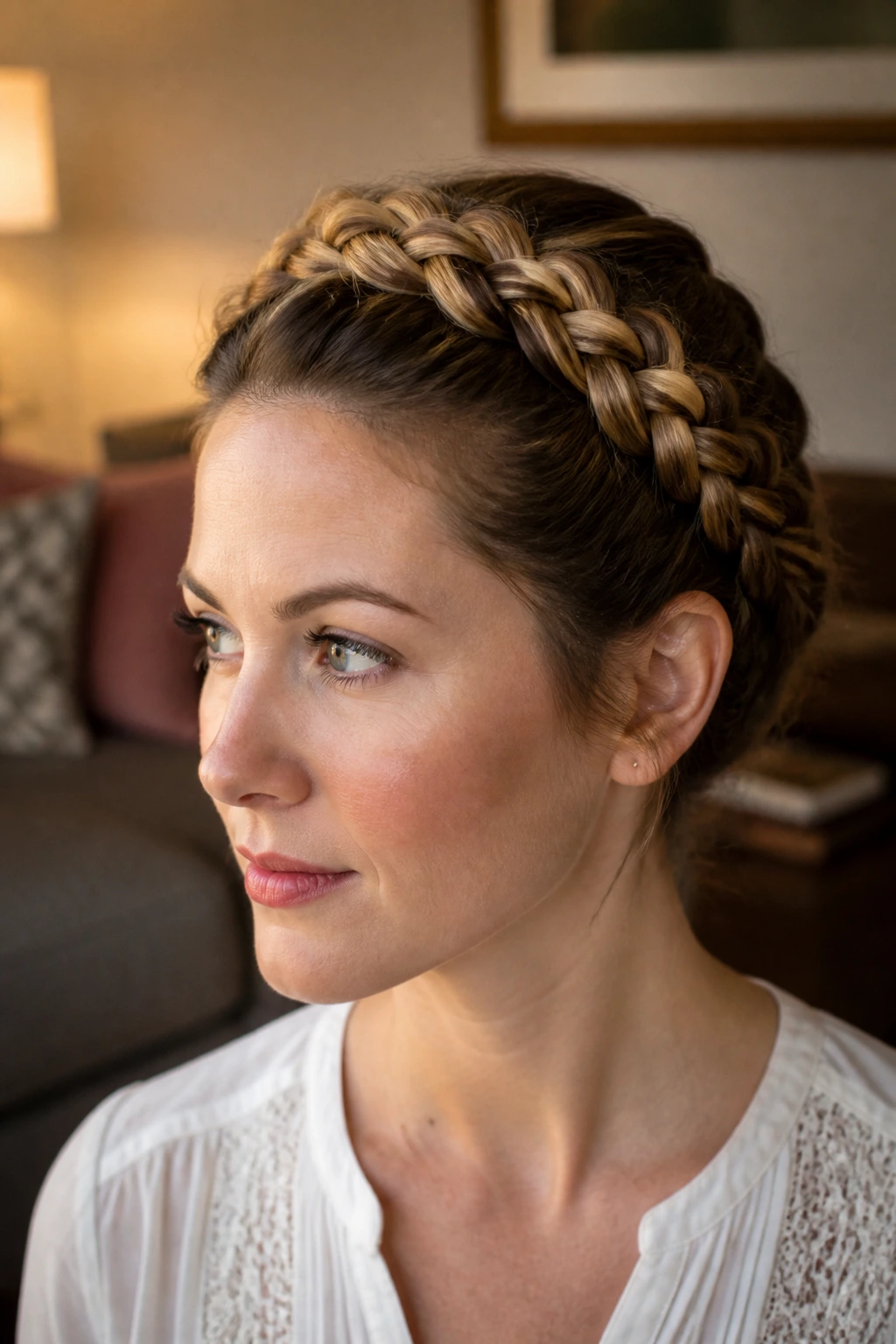 Close-up of a woman wearing a Dutch crown halo braid with raised texture
