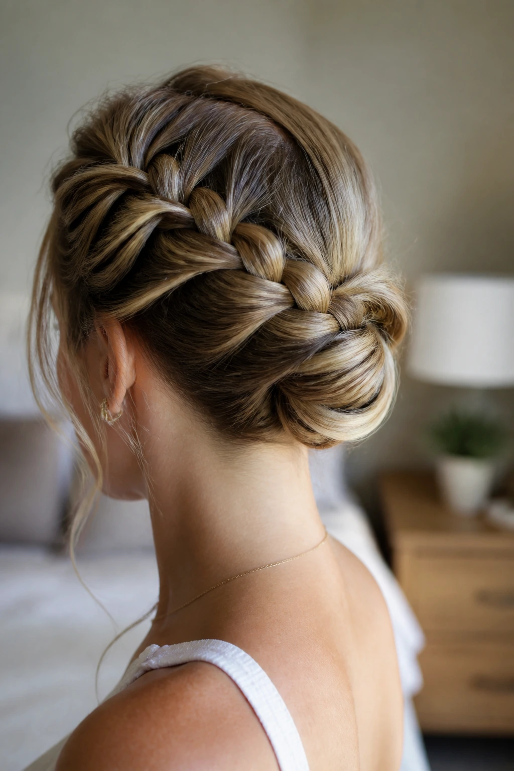 Back/three-quarter view of a real woman with a Dutch crown braid ending in a tucked bun.