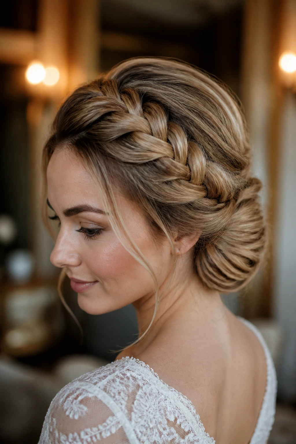 Close-up of a woman with a crown Dutch braid merging into a fishtail low updo.