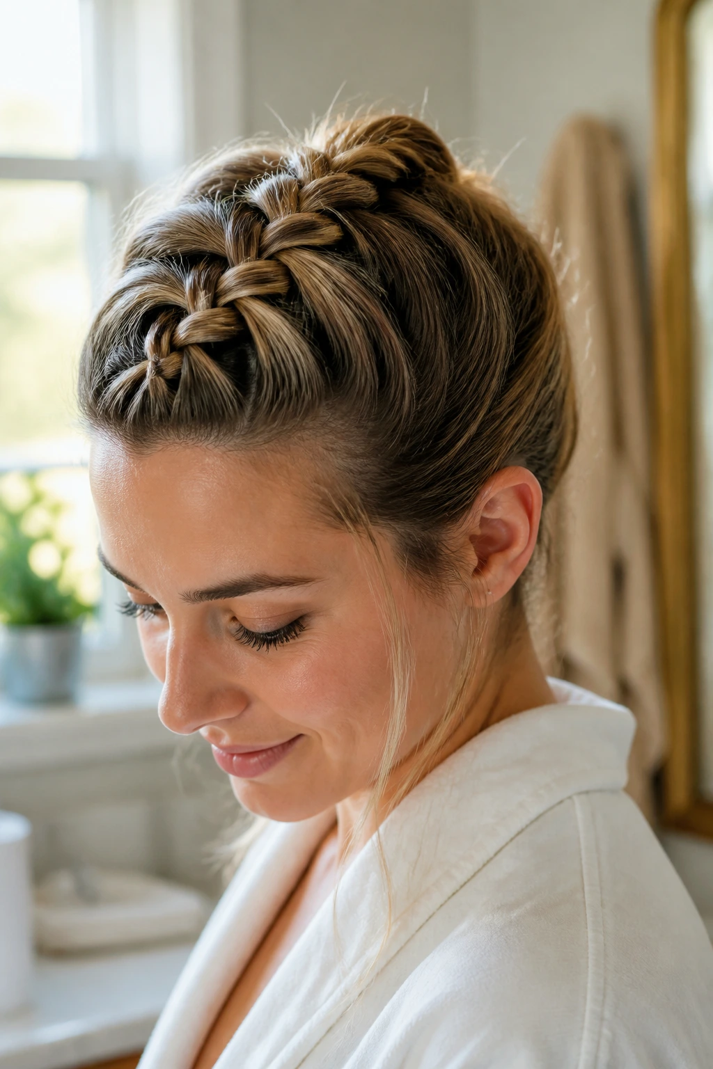 Close-up of a real woman with a neat Dutch braid for a clean morning look