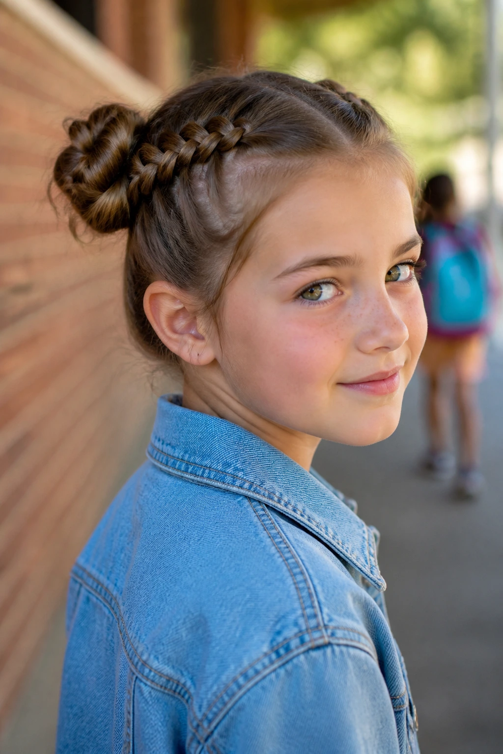 Close-up of a girl with two Dutch braids forming twin buns