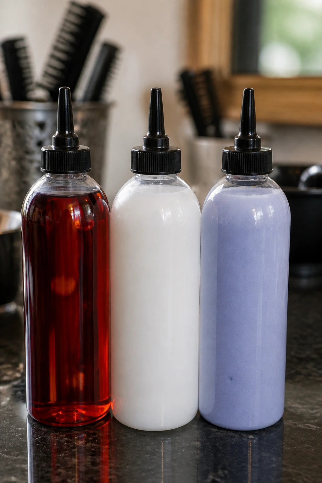 Close-up of unlabeled dye, developer, and lightener bottles on a counter