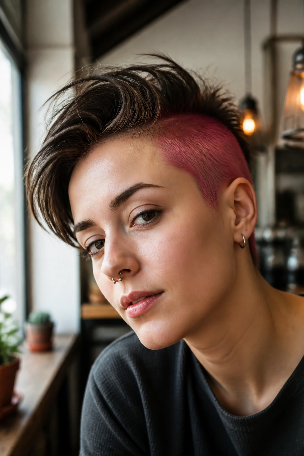 Close-up portrait of a real person with dyed sides and natural long top hairstyle