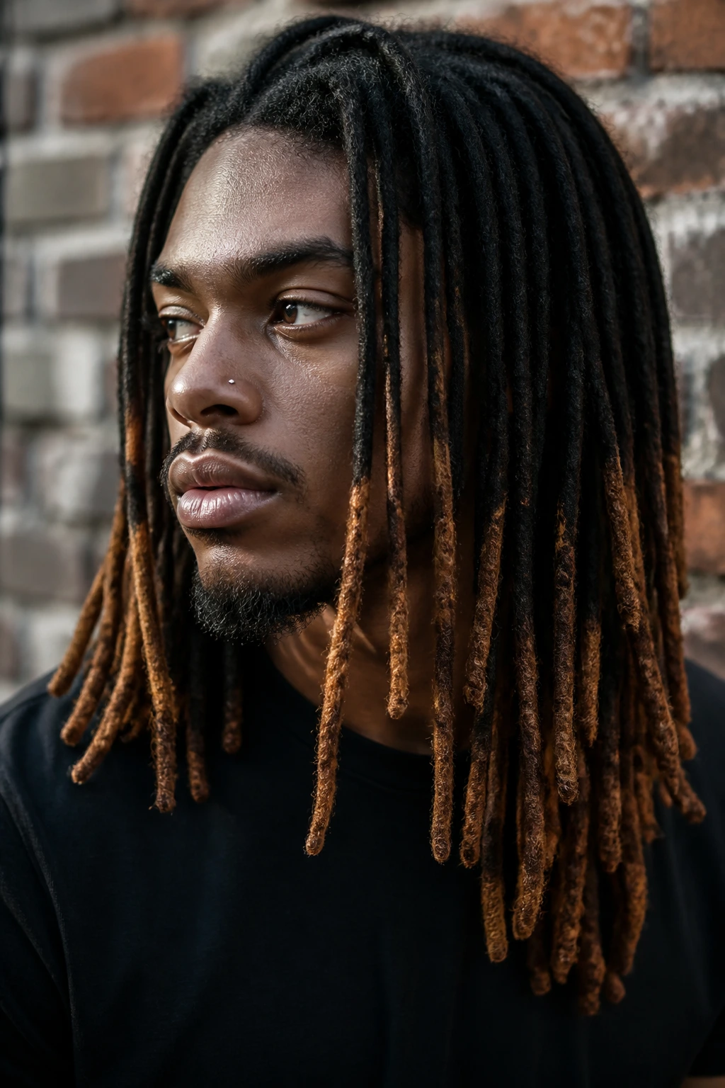 Portrait of man with dyed-tip locs showing colored ends