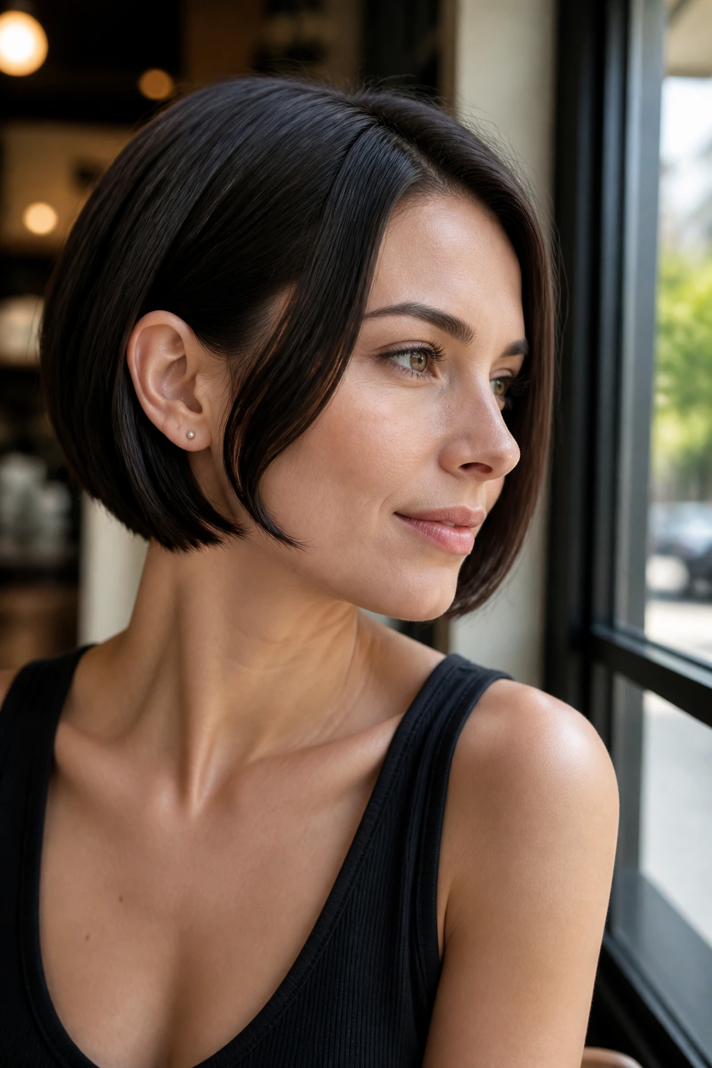 Close-up of real woman with ear-curve bob hairstyle