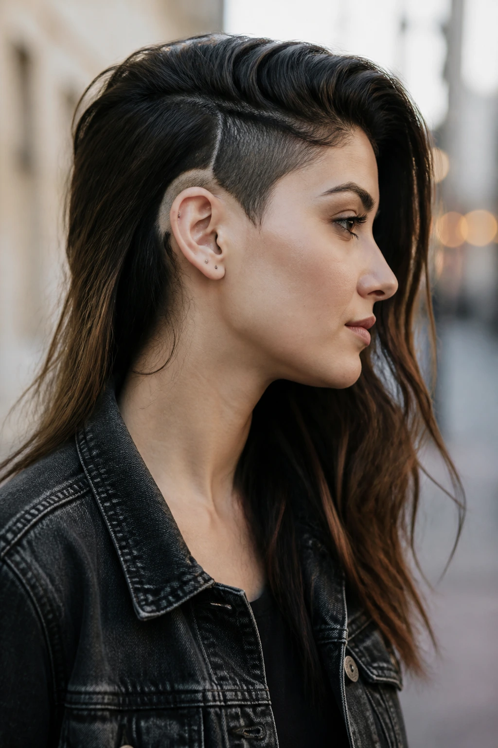 Side-profile portrait showing a small ear-cutout undercut with hair behind the ear