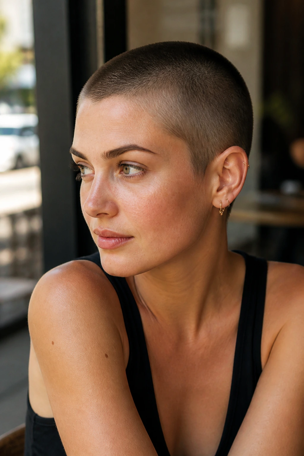 Close-up portrait of a real person with ear-framing buzz showing exposed ears