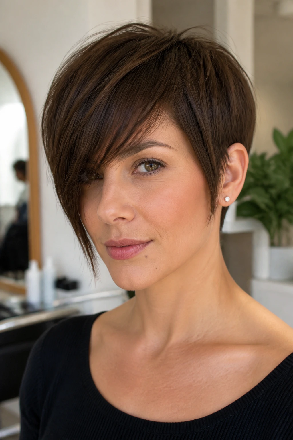 Person with ear-grazing crop and elongated fringe