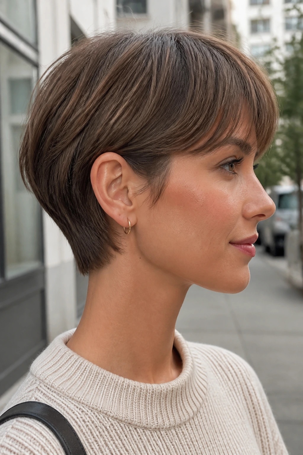 Profile of a woman with an ear-grazing crop and soft fringe.