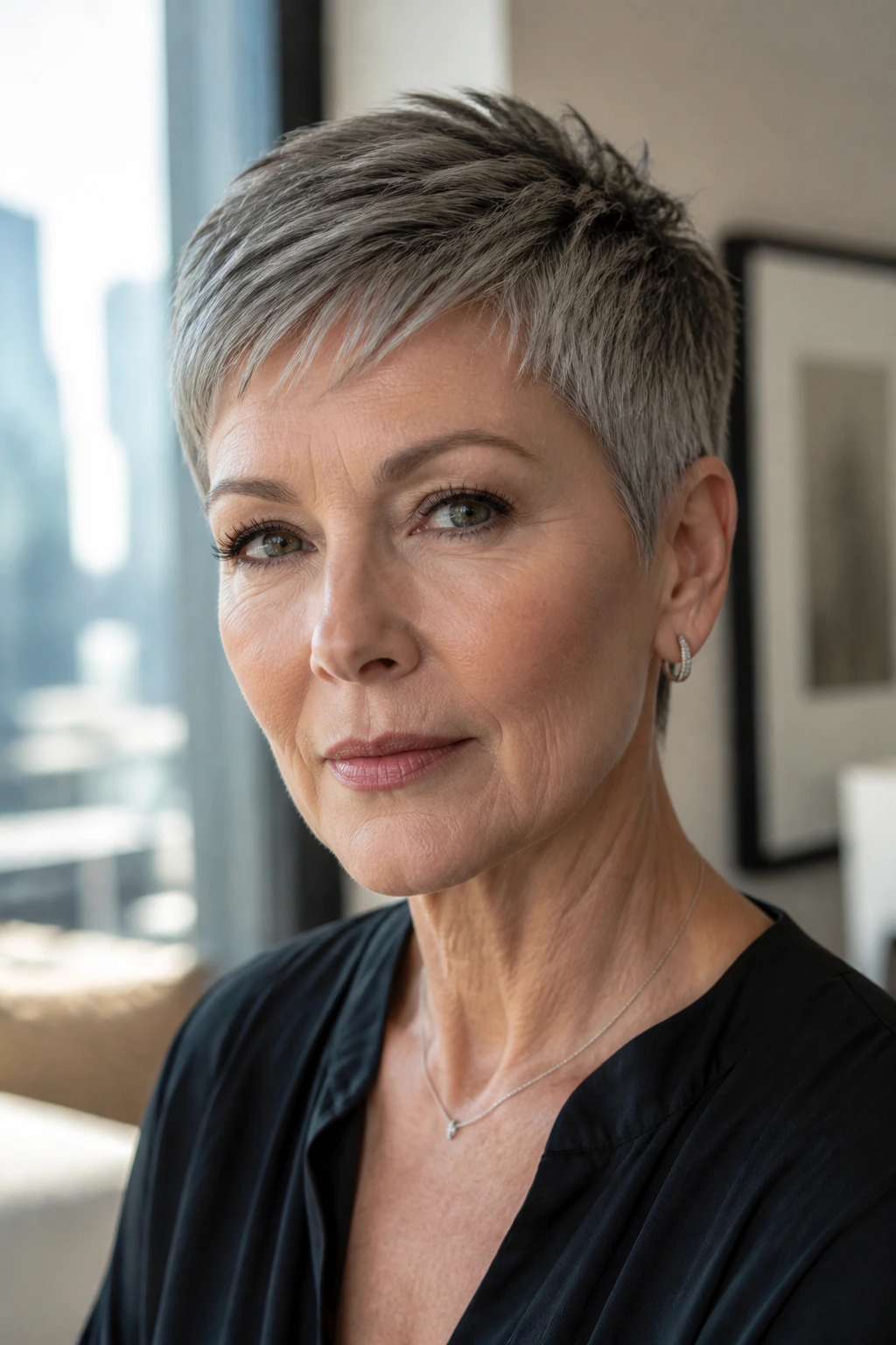 Head-and-shoulders portrait of a woman with an ear-grazing crop haircut