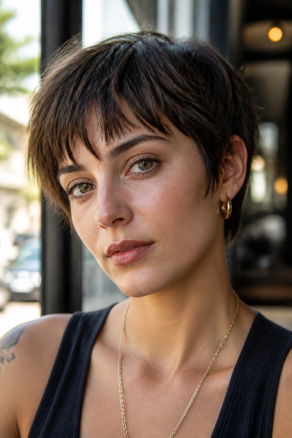 Close-up portrait of a real woman with an ear-grazing crop and piecey fringe in daylight