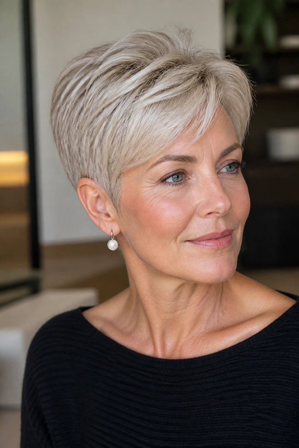 Close-up of a woman with ear-grazing crop and platinum top layers