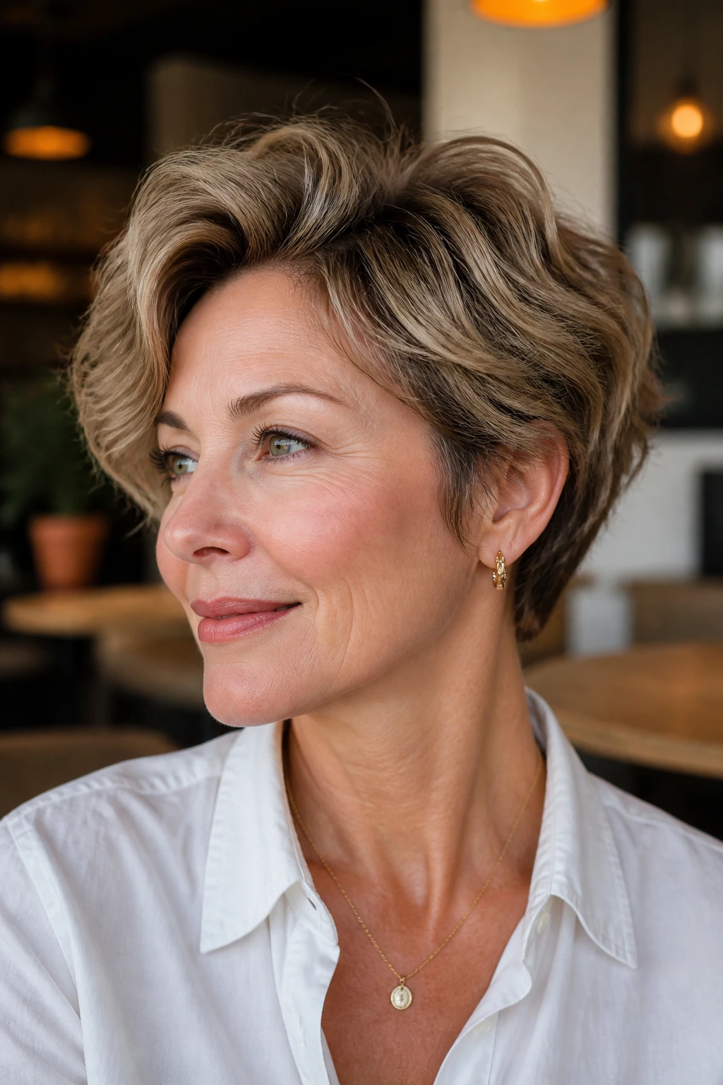 Close-up portrait of a woman with ear-grazing crop and long top