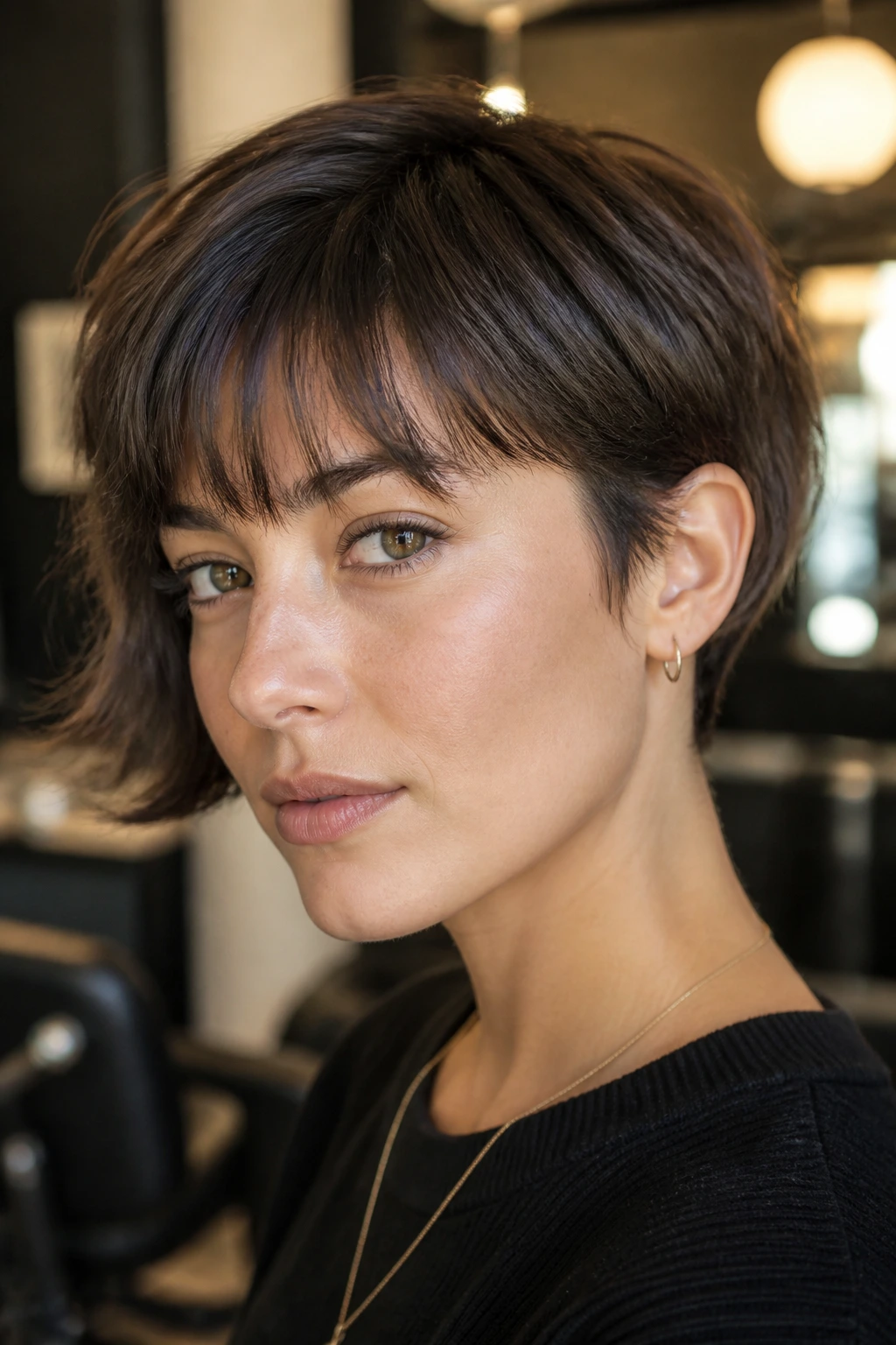 Portrait of a person with ear-grazing crop and soft bangs.