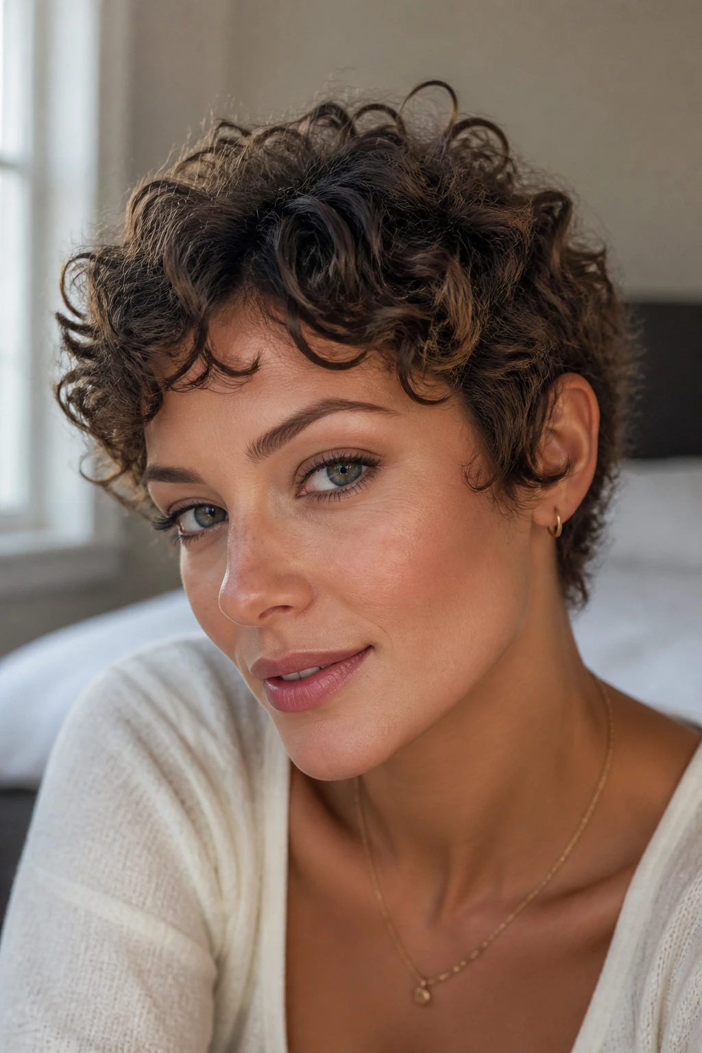 Close-up of real person with ear-grazing curly crop