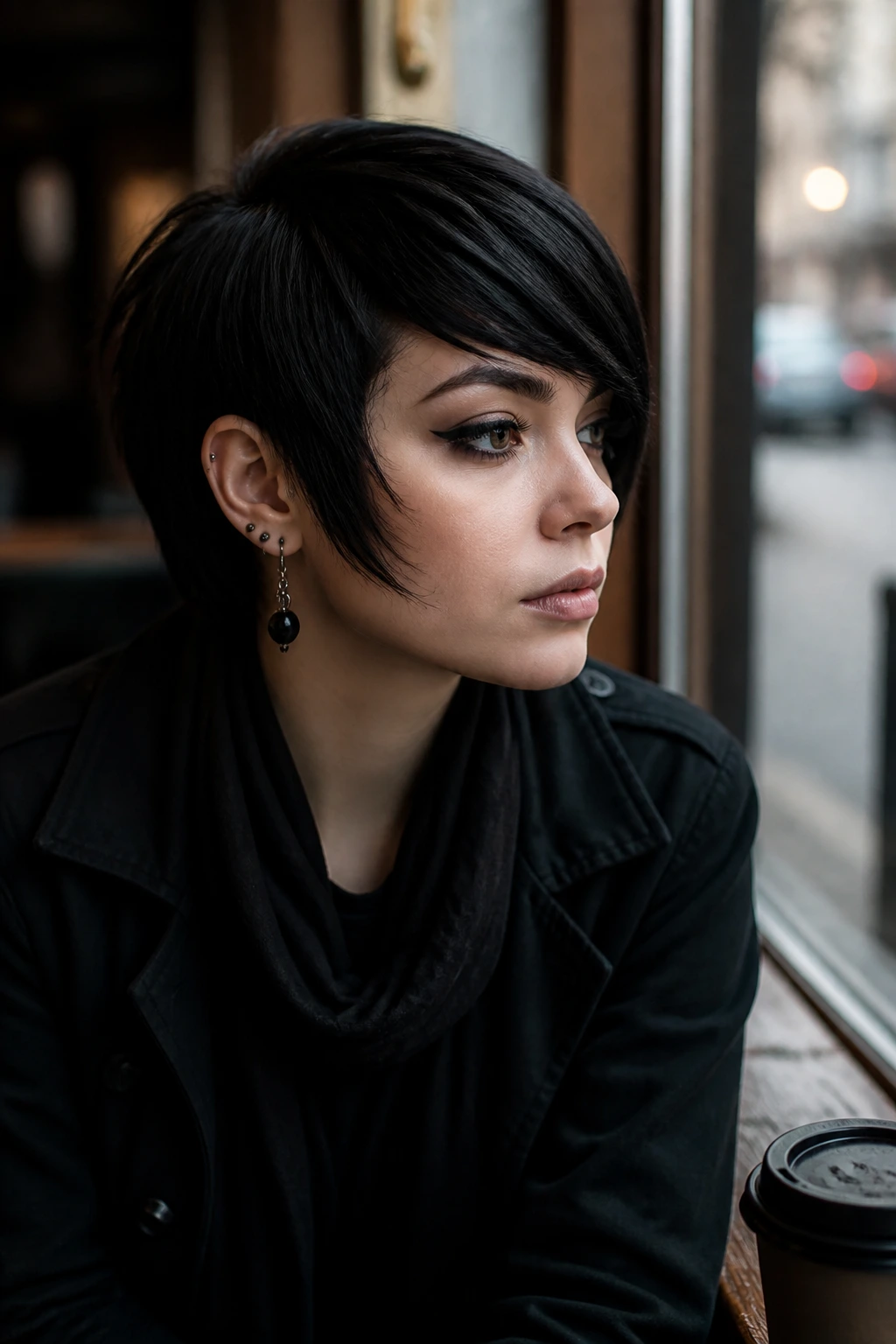 Close-up of a real person with an ear-grazing side fringe on a short goth cut in cafe window light