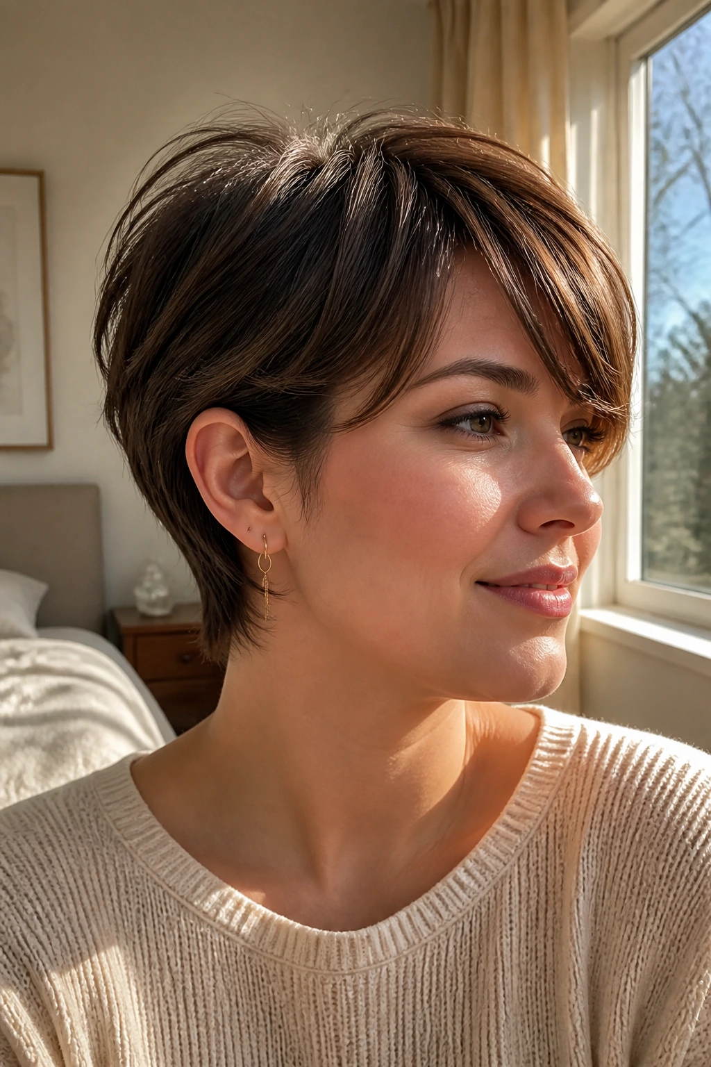 Close-up of a real woman with ear-grazing layered cut showing ear and swept fringe.