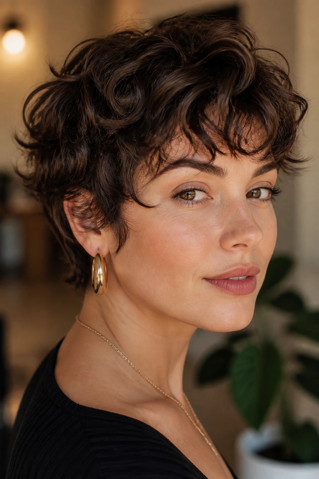 Portrait of a real person with ear-grazing mini shag showing sides near ears