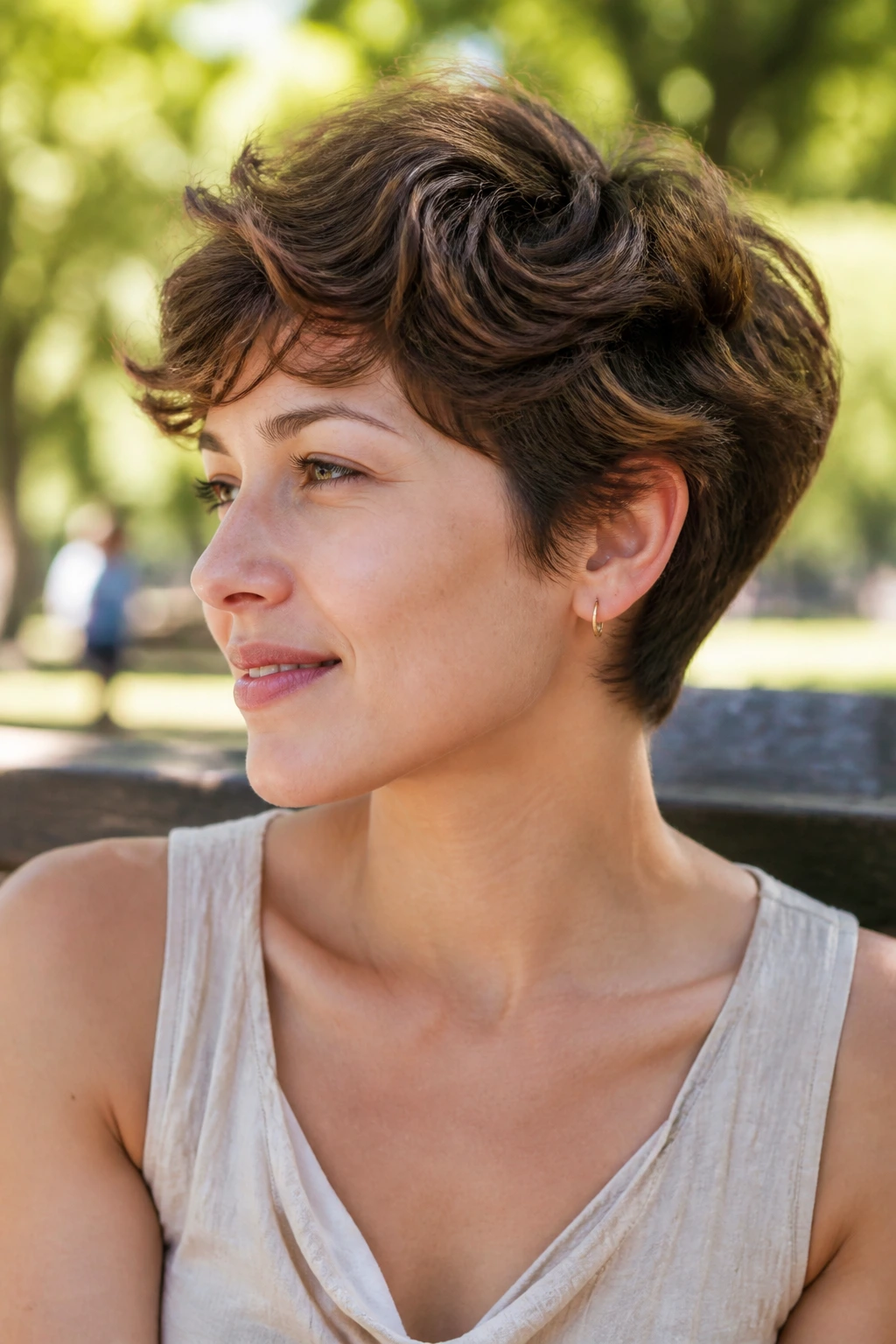 Real person with ear-grazing rounded waves pixie cut in sunny outdoor setting