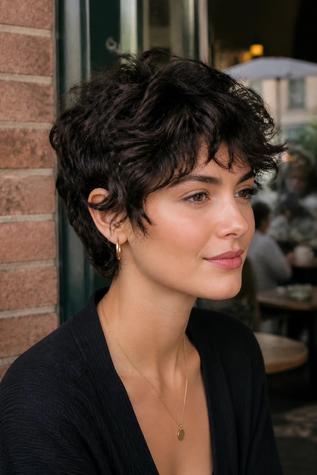 Three-quarter portrait of ear-grazing shag pixie wolf hairstyle