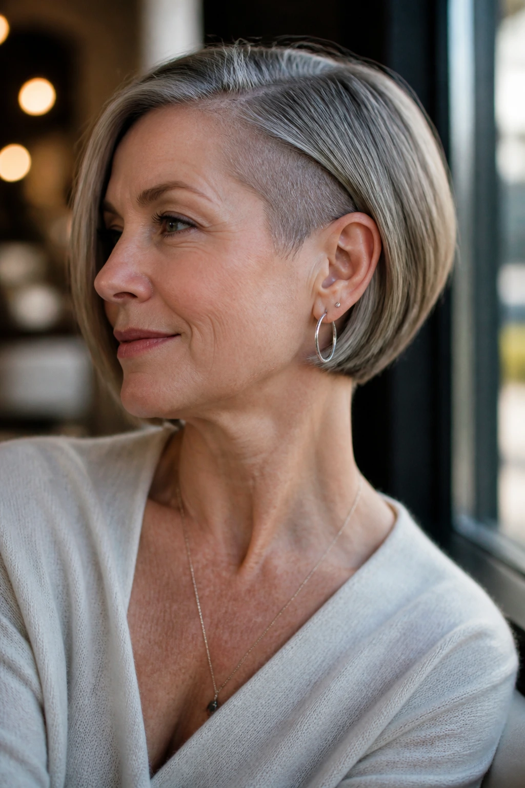 Portrait of a real woman with an ear-hugging bob and hidden undercut