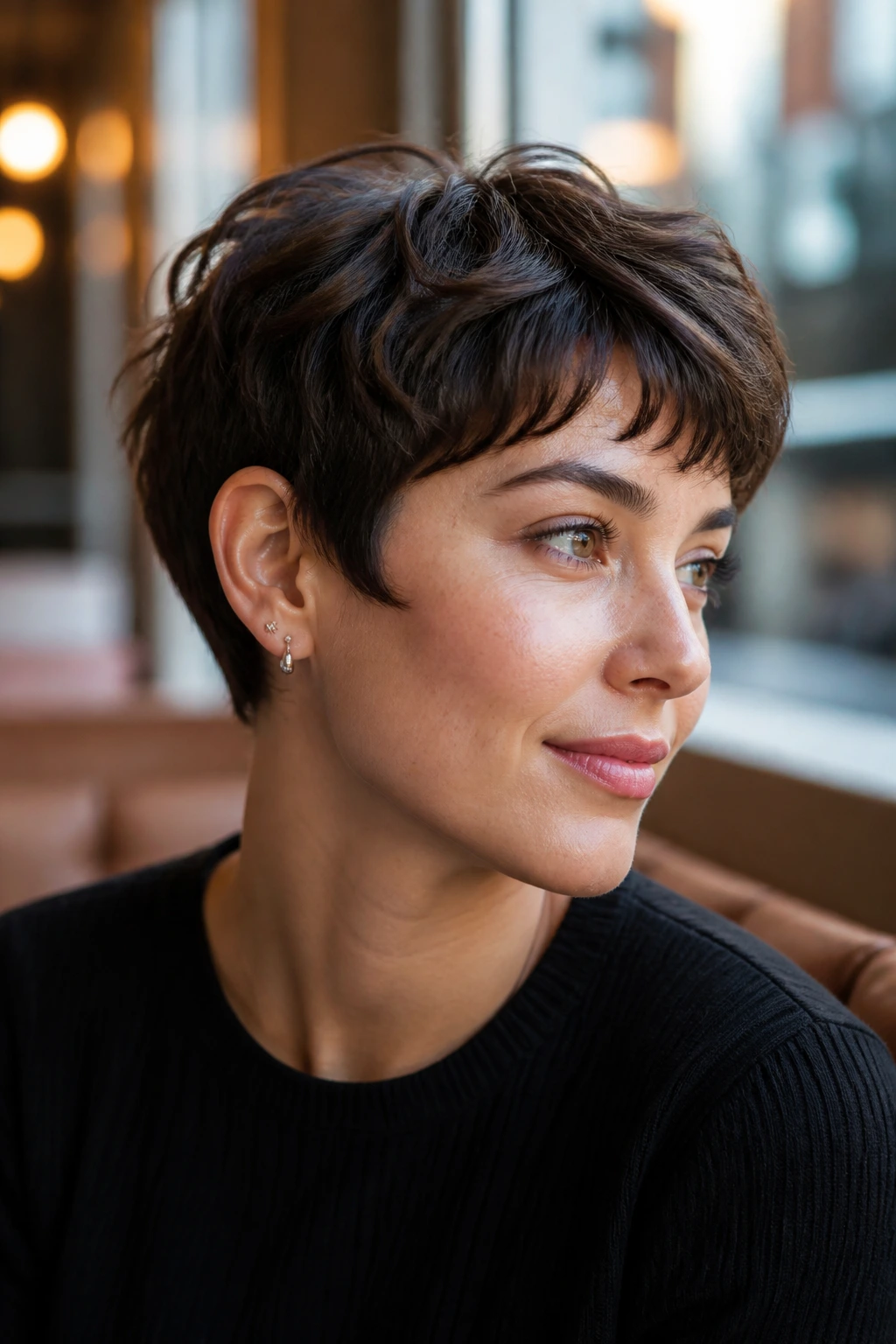Close-up portrait of a real woman with ear-hugging pixie haircut
