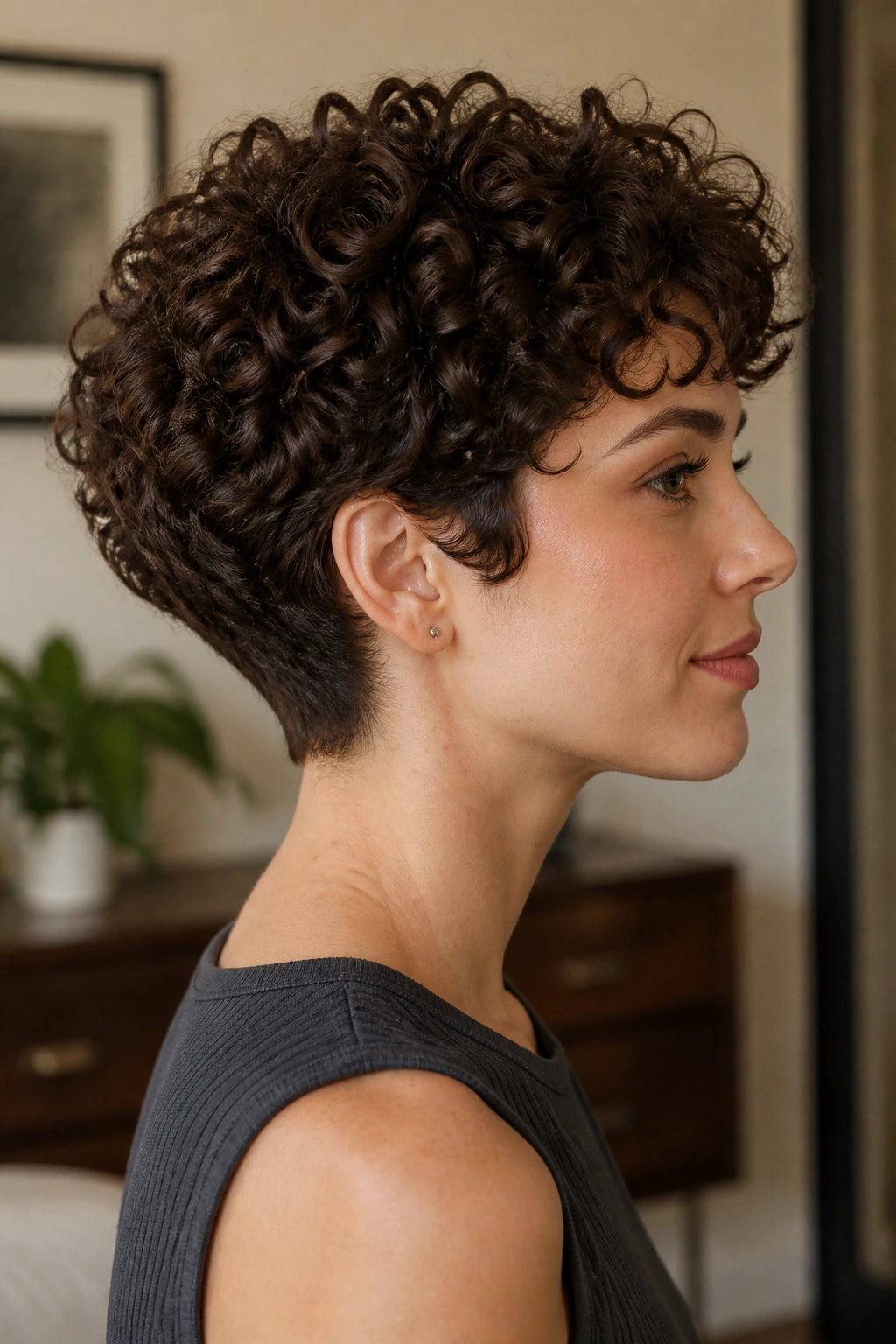 Side profile of a real person with ear-hugging stacked curls around the ears