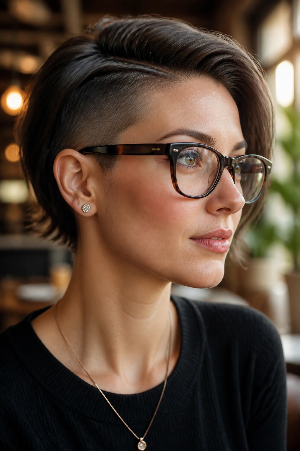 Portrait of a real woman with ear-hugging side undercut around the ear and glasses