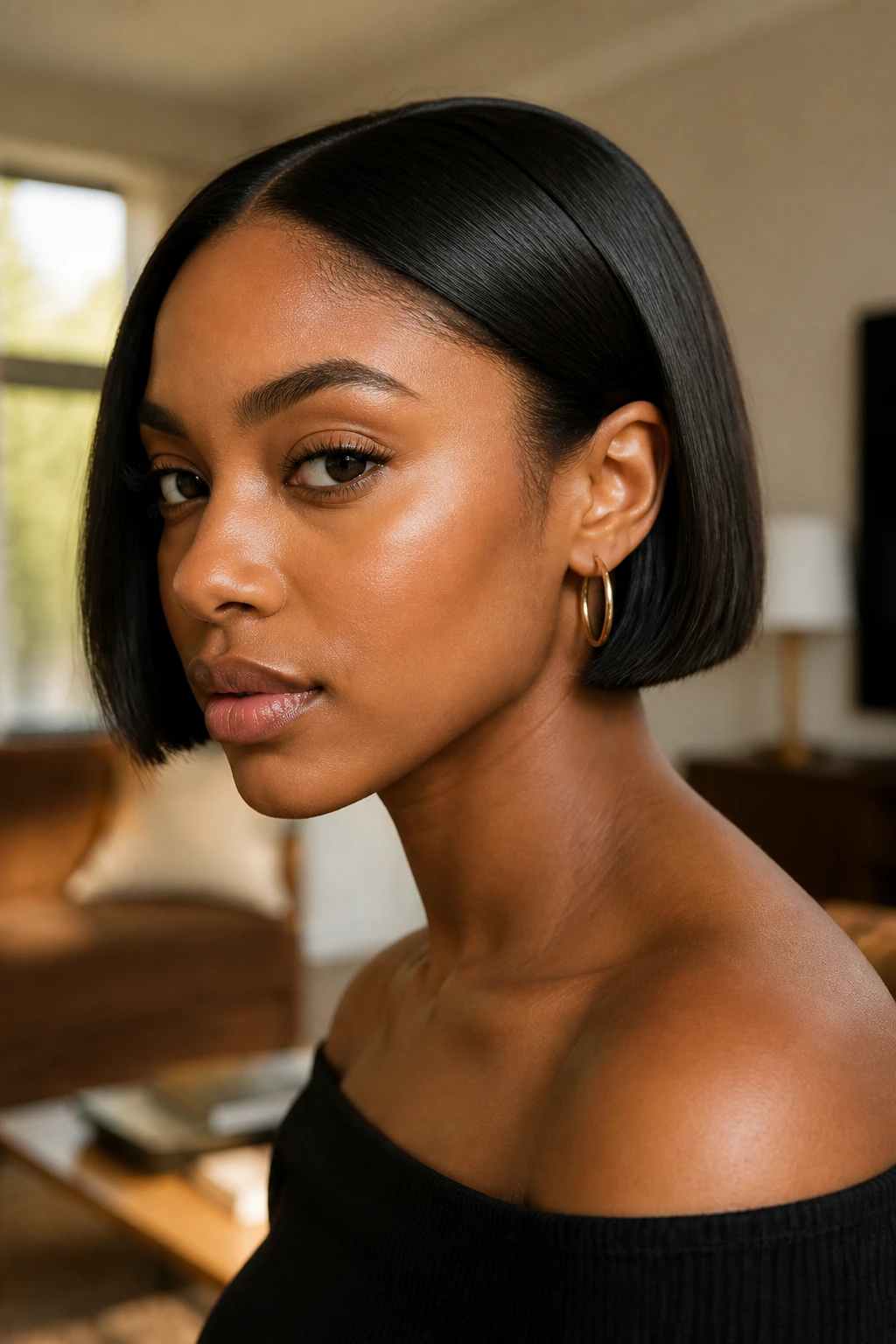 Close-up portrait of a Black woman with an ear-length blunt bob in warm window light