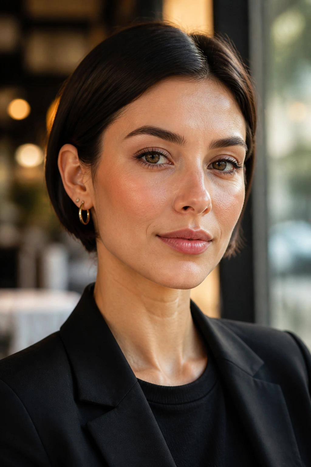 Close-up of a woman with an ear-length bob tucked behind the ears