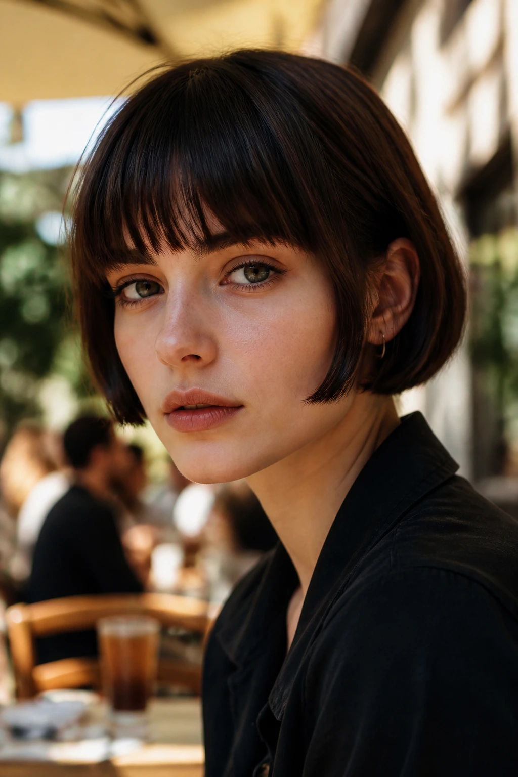 Close-up of a person with an ear-length bob and blunt brow-skimming bangs at an outdoor cafe