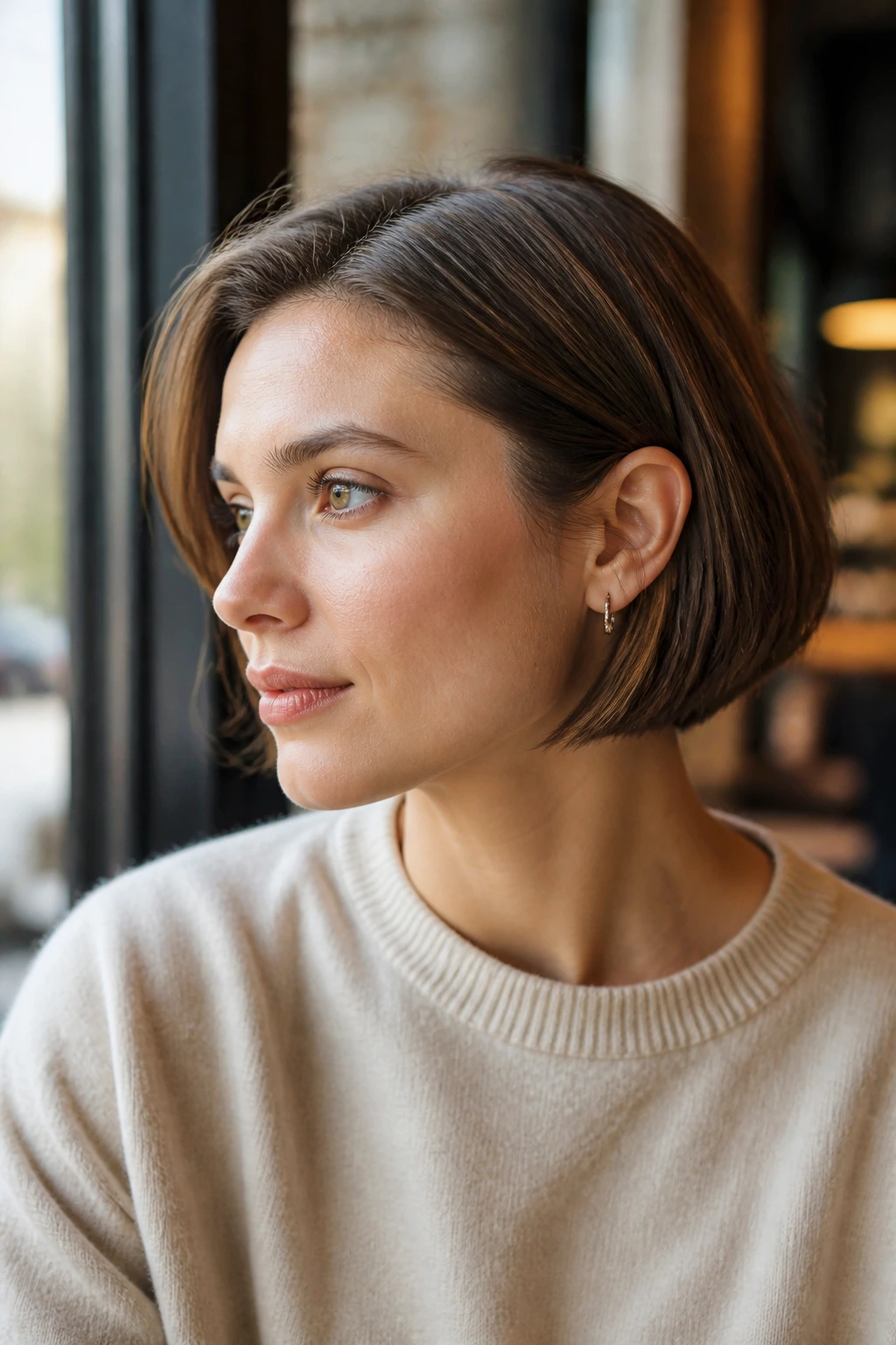 Close-up portrait of a real person with an ear-length tucked bob and blunt ends