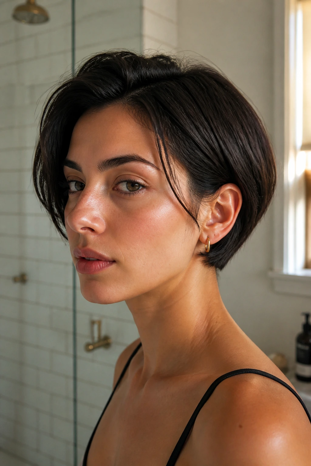 Portrait showing an ear-length bob exposing neck and ears