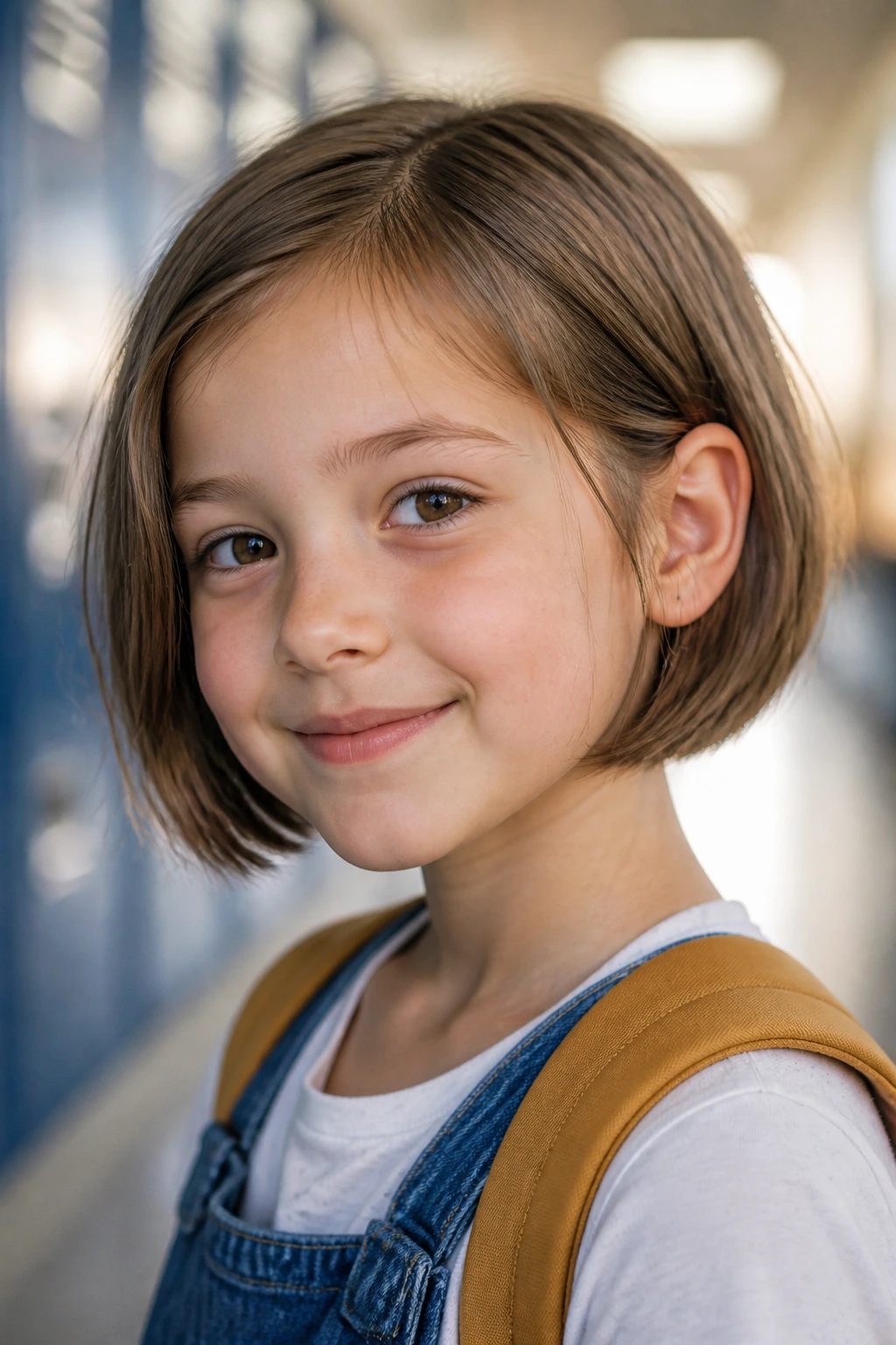 Portrait of a child with an ear-length mini bob in a bright hallway setting
