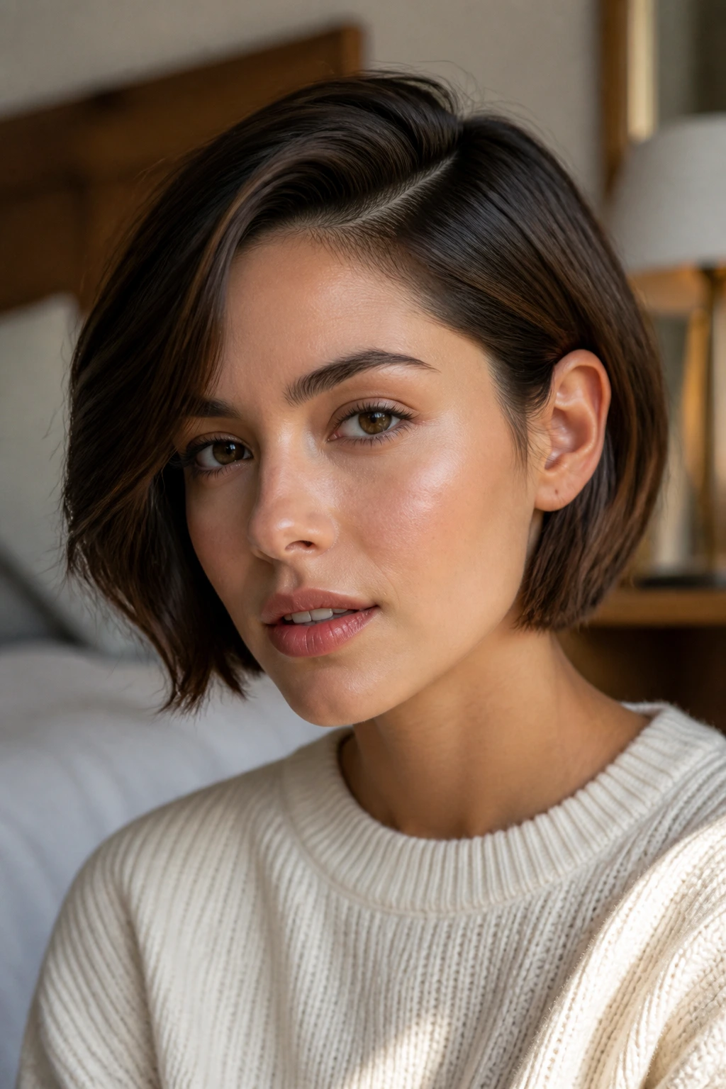 Portrait of a person with ear-length bob and deep side part