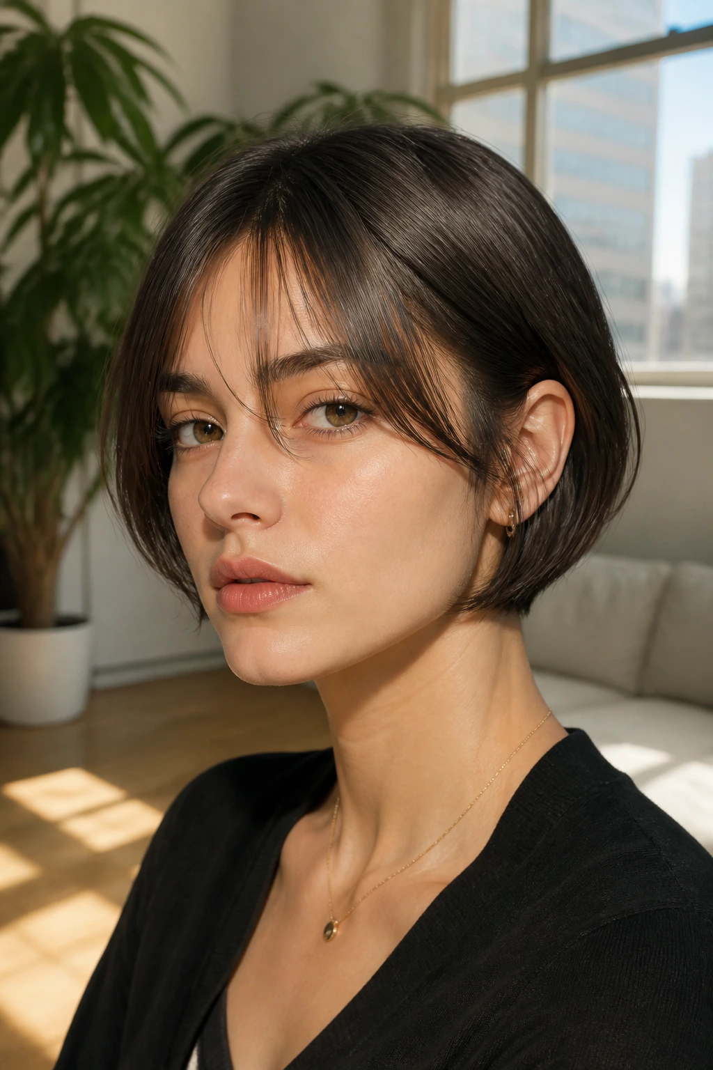 Close-up of a real person with sleek ear-length bob and floating fringe in sunlit room