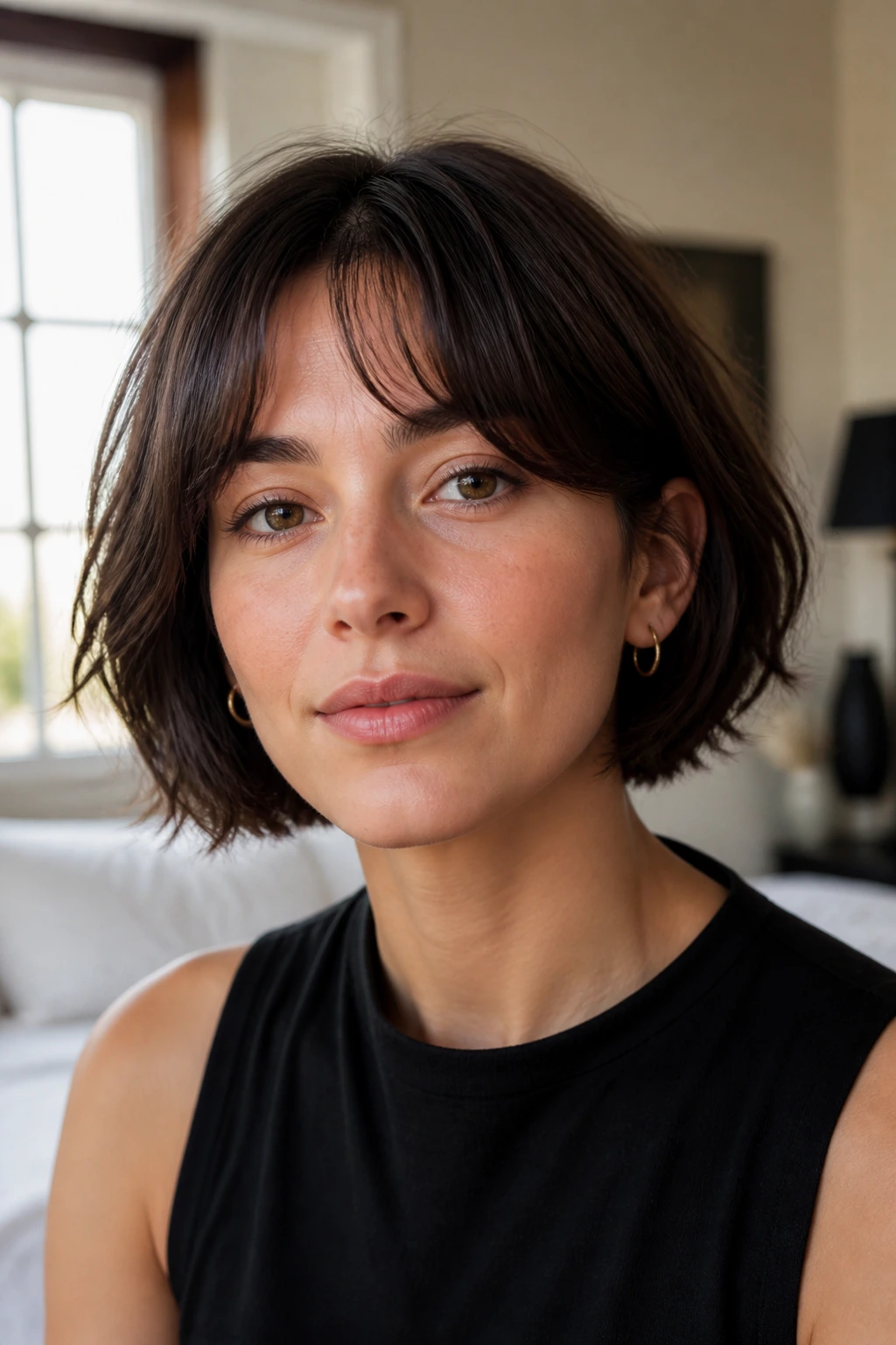 Close-up of a real person with an ear-length bob and grown-out fringe in warm, natural light.