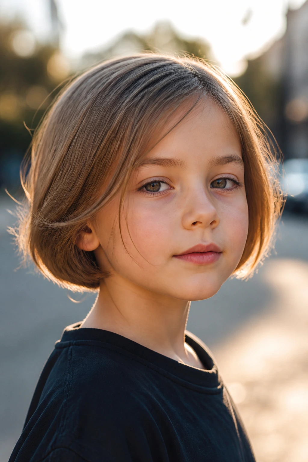 Child with ear-length bob in sunlit street