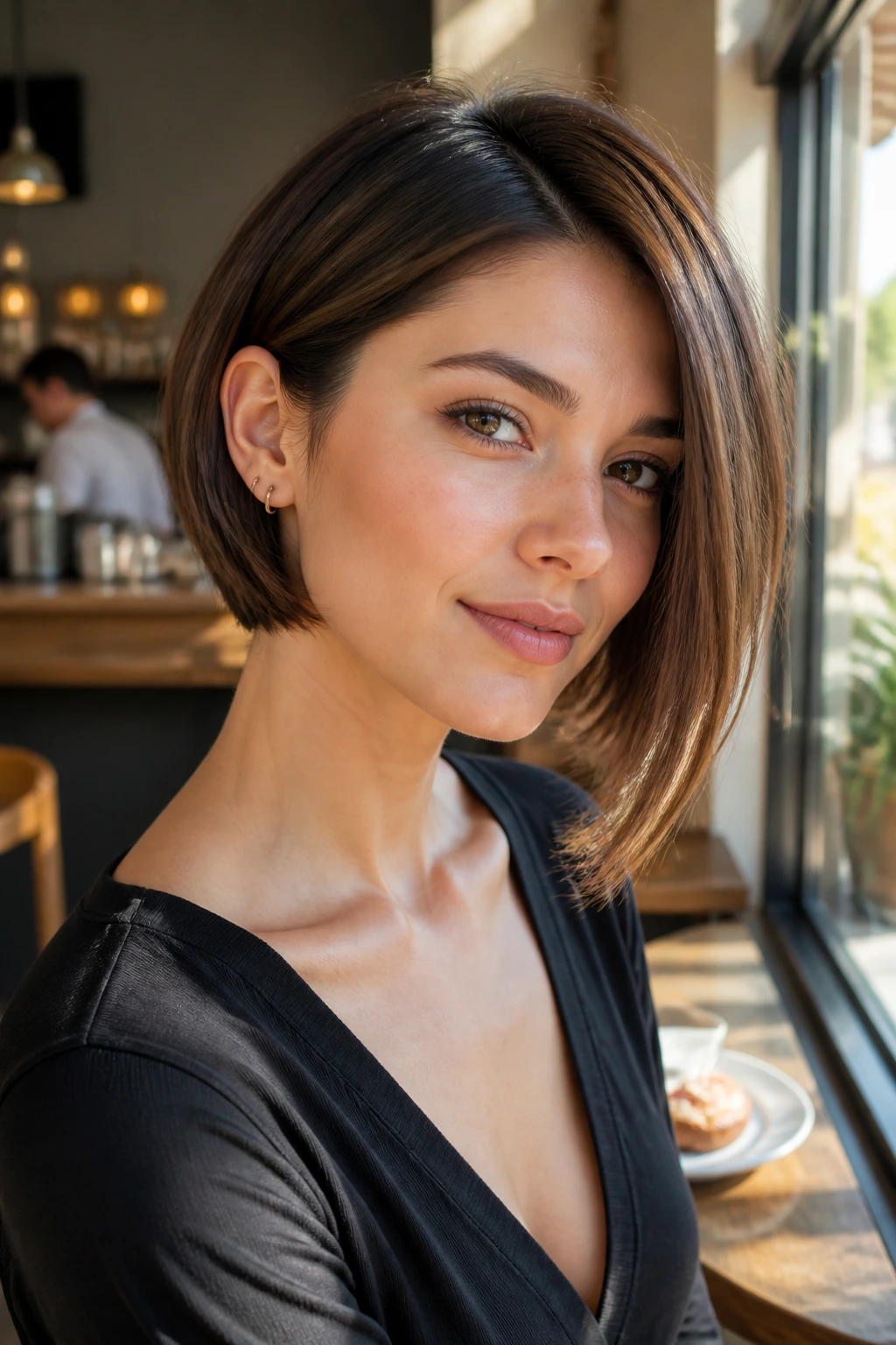 Close-up of a real woman with ear-length back and longer front piece at a cafe window