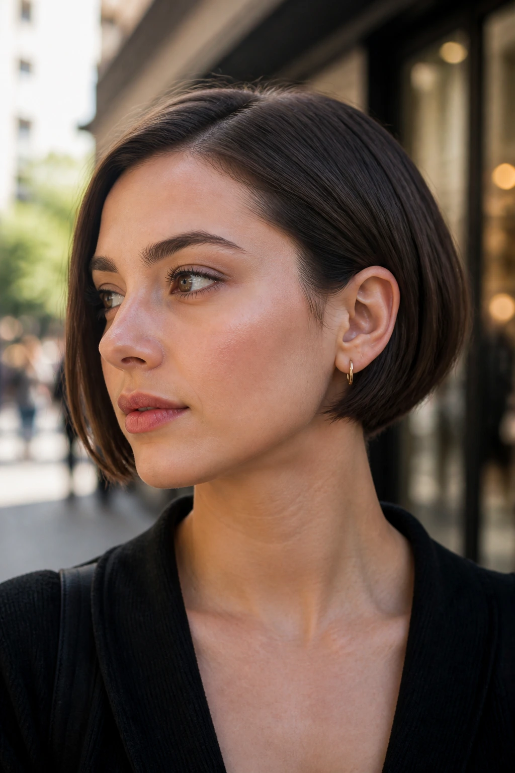 Close-up of a real person with an ear-length bob in an urban setting
