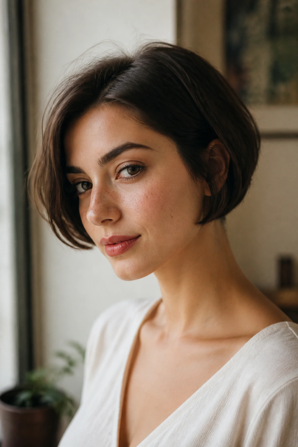 Close-up portrait of a real woman with an ear-length bob showing neck and jawline