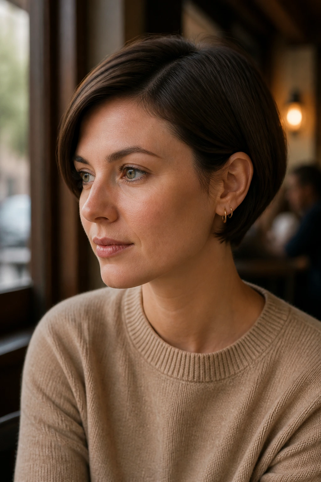 Close-up portrait of a real woman with an ear-length crop bob above the jaw