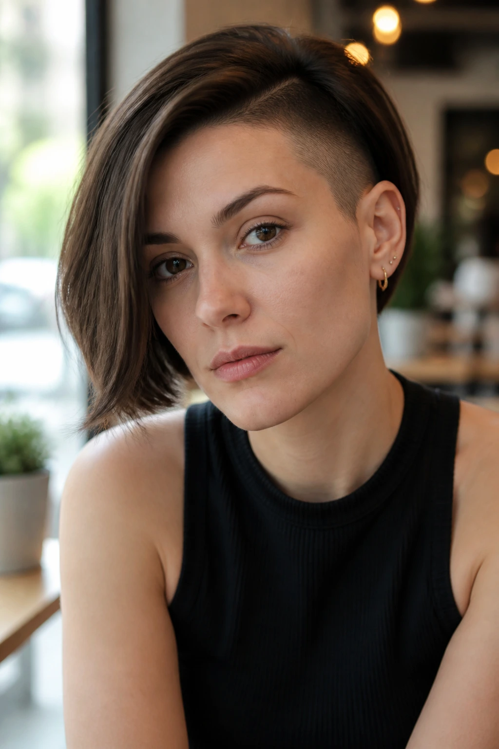 Real woman with ear-length bob and undercut panel