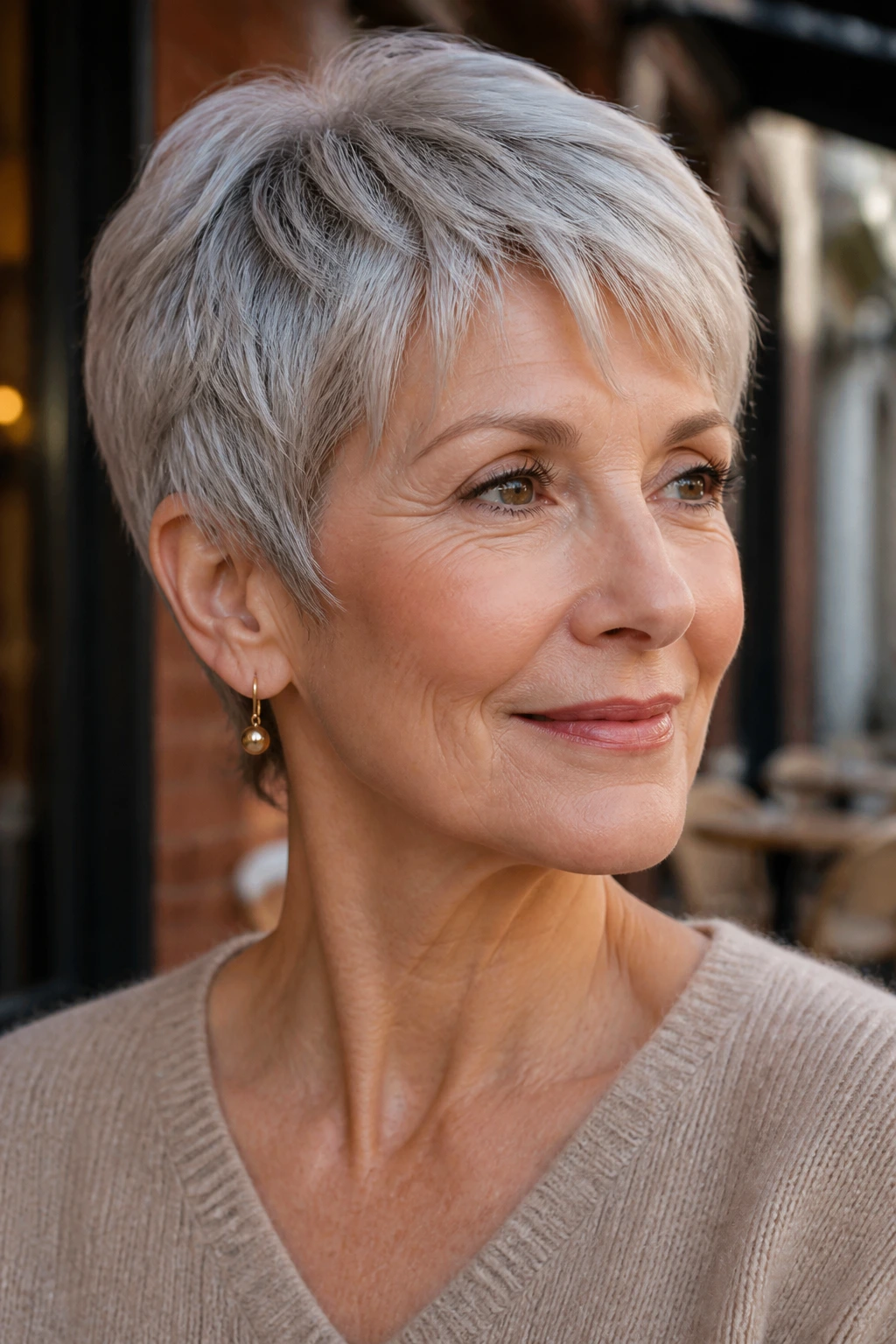 Real woman with ear-length crop in urban outdoor light
