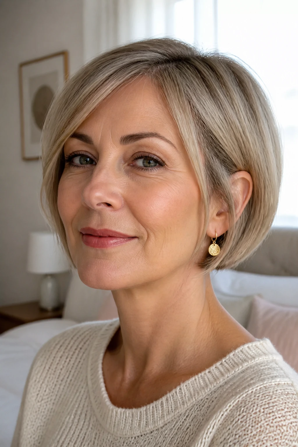 Close-up portrait of a real woman with ear-length crop bob in warm window light